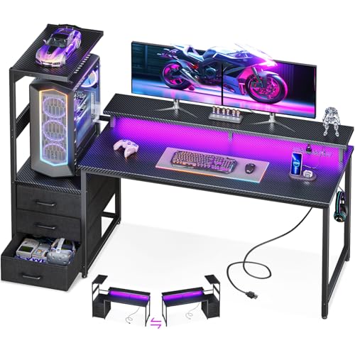 AODK 59 Inch Gaming Desk with USB Charging Ports & LED Light- Reversible Computer Desk with Storage Shelves & Monitor Stand, Modern Gamer Desk Table with Fabric Drawers & Side Hook, Carbon Fiber Black
