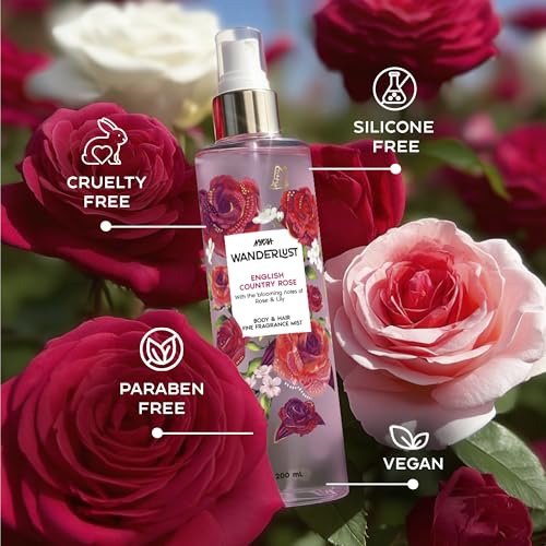 Image of Nykaa Wanderlust English Country Rose Body & Hair Fine Fragrance I | Perfume Mist for Women - 200 ml I Rose & fresh Lilly | | Long-Lasting, Travel‐Friendly, Vegan,Paraben‐Free, IFRA Certified