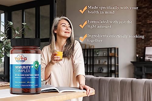 TotoNutrition Immunity Support Booster with Vitamin C, D, Elderberry, Echinacea, Zinc, Quercetin, Curcumin, Ginger, B Vitamins Supplement, Vegan, Gluten Free, No Gelatin