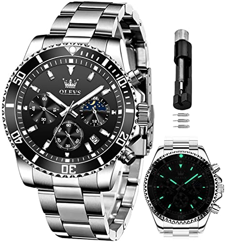 Image of OLEVS Mens Watches Chronograph Luxury Dress Moon Phase Quartz Stainless Steel Waterproof Luminous Business Calendar Wrist Watch