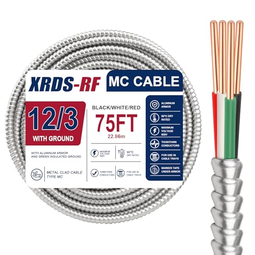 XRDS -RF 12/3 Metal Clad MC Cable 75FT, 12 AWG 3 Conductor Armored Wire with Ground, THHN Solid Copper & Flexible Aluminum Armor for Commercial and Residential Branch Circuit