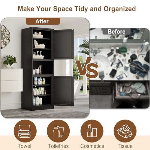 Image of pozdeg 67 inch Tall Narrow Storage Cabinet Metal Bathroom Cabinet with 4 Adjustable Shelves, Freestanding Pantry Cupboard for Kitchen, Dining Room, Living Room Bathroom and Home Office (Black)