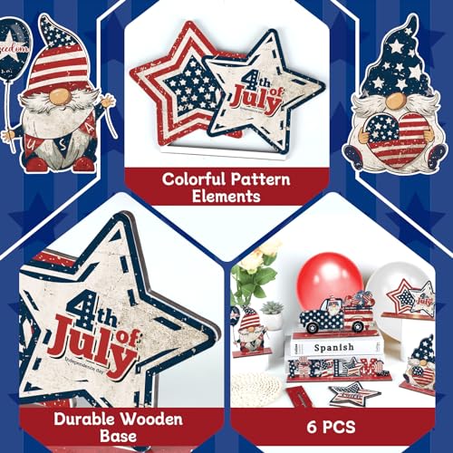 Image of gisgfim 6Pcs 4th of July Wooden Table Centerpiece Patriotic Table Decoration Independence Day Wood Letter Sign Freedom Gnomes Truck Table Decorations for Patriotic Party Veterans Day Home Decor