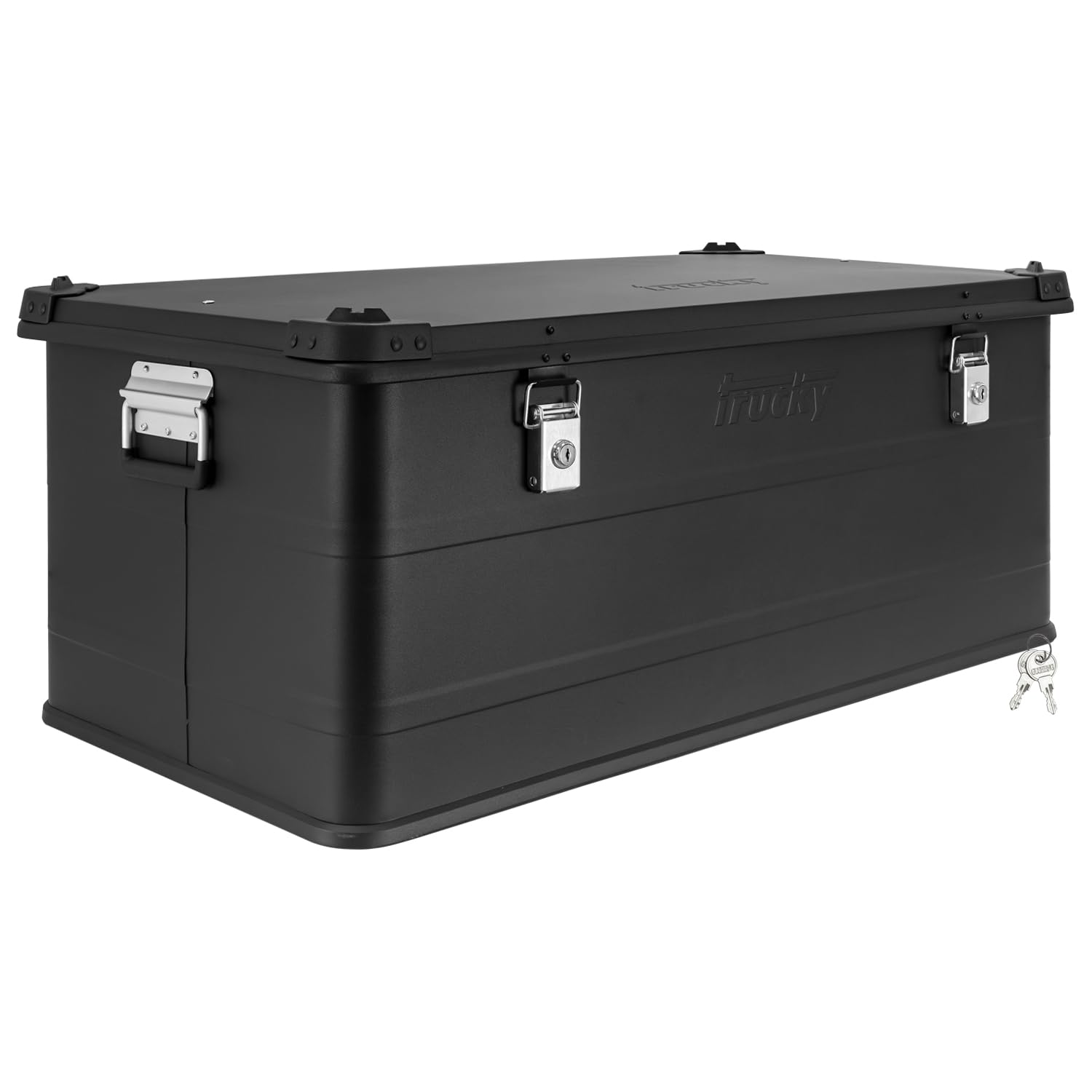 Trucky Aluminiowa skrzynka z pokrywką, czarna, aluminiowa skrzynka, 140 l, metalowe pudełko do przechowywania, zamykane