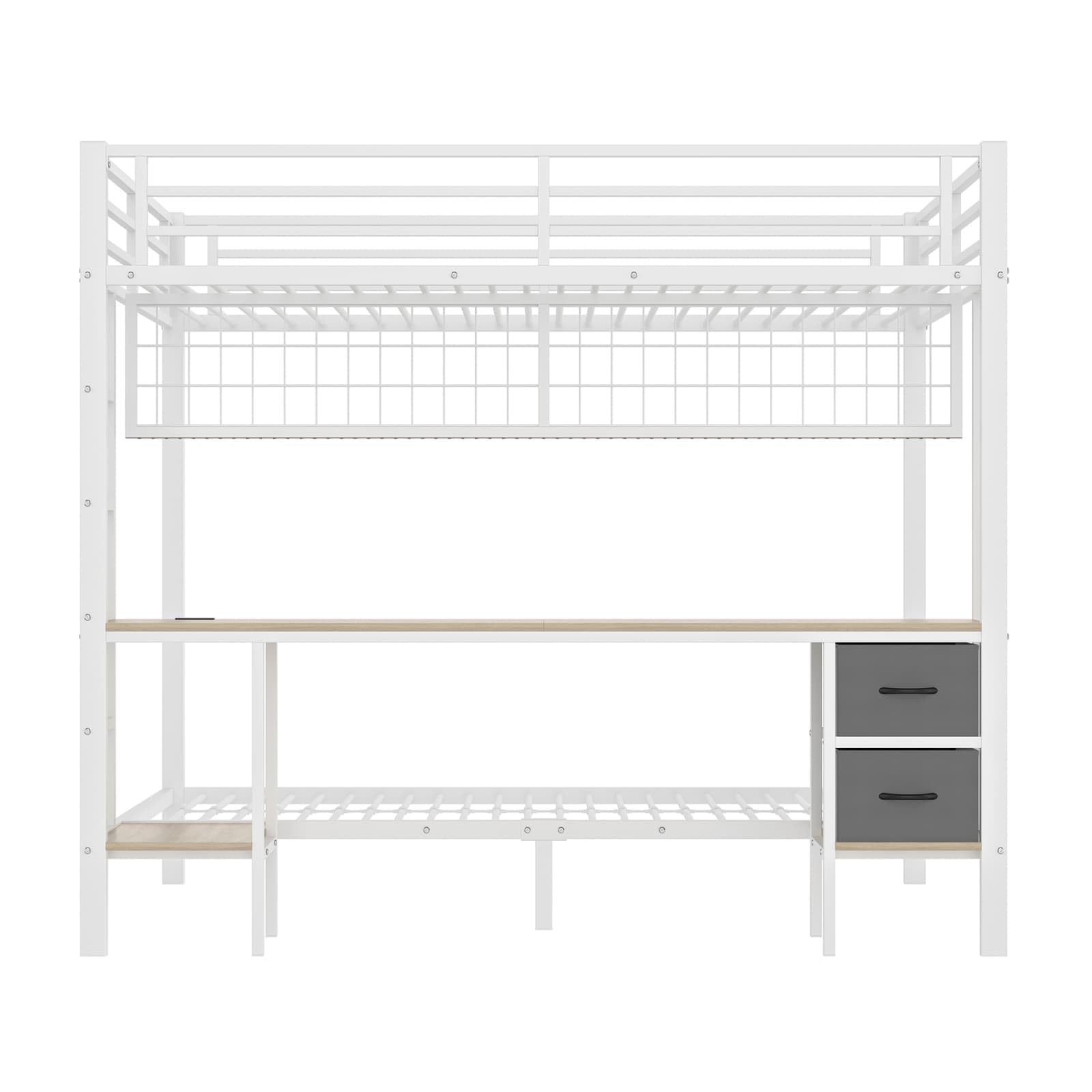 KOMHTOM Lit Superposé en Fer, Cadre de Lit Multifonctionnel, 90x200cm et 140x200cm, avec étagère de Rangement, 2 tiroirs, Bande LED et Port USB(sans Matelas) (Blanc)