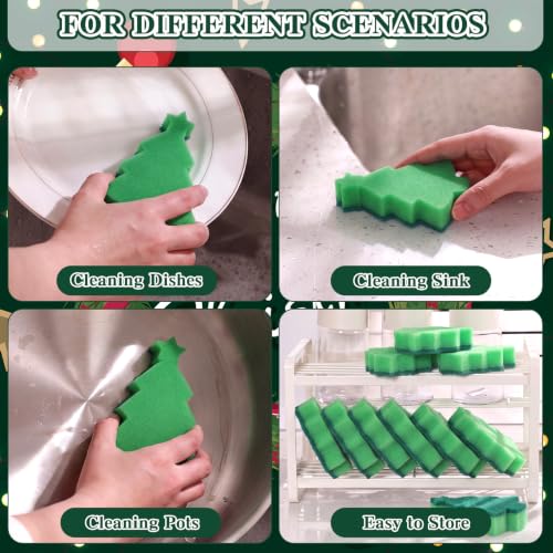 Image of Tioncy 12 Pack Christmas Tree Kitchen Sponges Bulk Cute Green Tree Dual Sided Scrubber Sponges Dishwashing Kitchen Cleaning Accessories for Home Decor Household Supplies