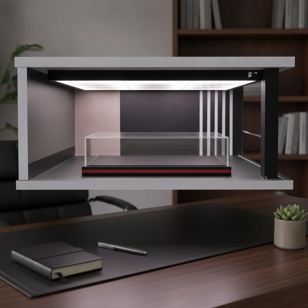 Vetrina Espositiva Modellini Auto 1:18 | Acrilico, luce a soffitto, per modellini 1:18, legno, copertura antipolvere, per ufficio