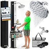 KESSER® Solardusche 60L Gartendusche, Solar Dusche für Garten & Pool mit warmem Wasser, Pooldusche ohne Strom, Regenduschkopf & Wasserhahn mit Gartenschlauch-Anschluss + Ablage, Schutzhaube & Tasche