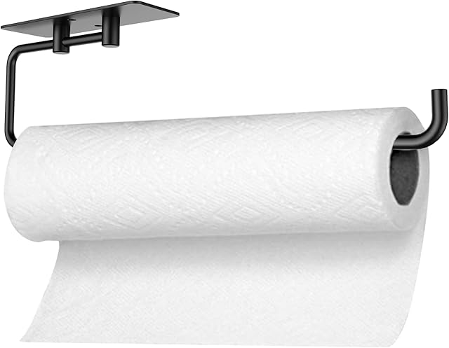 NileHome Paper Towel Holder Kitchen towel hook toilet SUS304 stainless steel roll paper holder Hotel toilet roll paper holder Kitchen toilet paper holder with 3M adhesive and screw bag - black