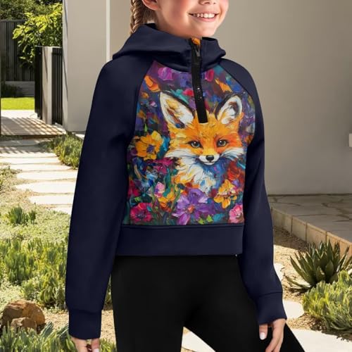 Graphic Hoodies for Teen Girls Zip Up Sweatshirt Fall Outfits Crop Tops with Pockets for Kids Soft Activewear 5-144