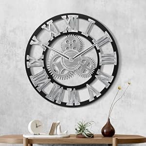 Lafocuse 23 Inch Wooden Gears Wall Clock Silver,Large Wall Clock Oversized Vintage Rustic Farmhouse Industrial Clocks for Living Room Decor