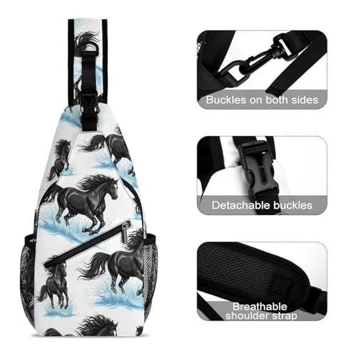 Fashion Chest Bag, Shoulder Bag, Dress Decor Sling Backpack, Casual Day Pack For Travel Shopping Black Horse3
