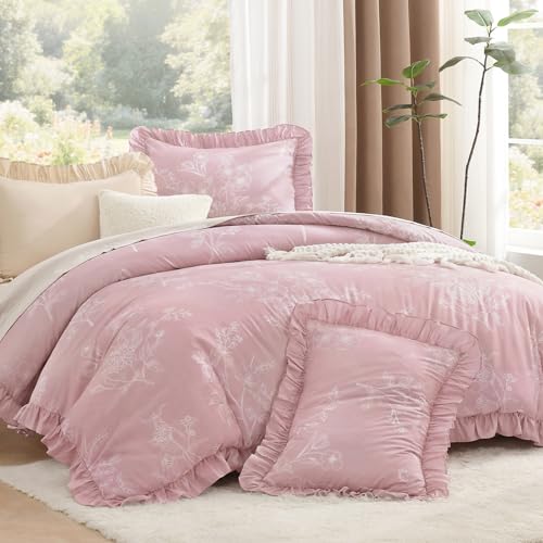 Image of Litanika Grayish Pink Full Comforter Sets, 3 Pieces Ruffle White Floral Farmhouse Bedding Comforter Sets, All Season Soft Lightweight Fluffy Microfiber Bed Set(79x90In Comforter, 2 Pillowcases)