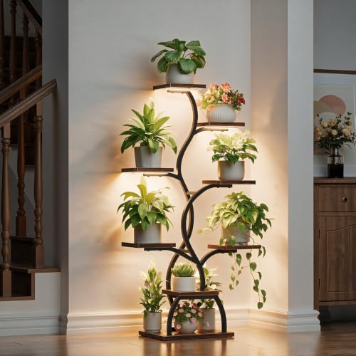 Image of Plant Stand Indoor with Grow Light - 8 Tiered Corner Plant Shelf Indoor | 49 inch Plant Holder with Lights for Indoor Growing, Tall Lighted Flower Stand for Living Room, Balcony, Brown