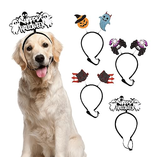 Geluode Dog Halloween Headband,Halloween Hair Hoops 4 PCS,Ghost Spider Witch Cat Trident Pumpkin Hairbands Dog Accessories Pet Headpiece For Halloween Party Dog Fancy Dress Costume Cosplay