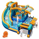 BOUNTECH Inflatable Water Slide, Kids Water Bounce House Jump Castle with Blower, Toy Market, Football Goal, Basketball Hoop, Blow up Water Slide Inflatables for Big Kids Outdoor Backyard Gifts