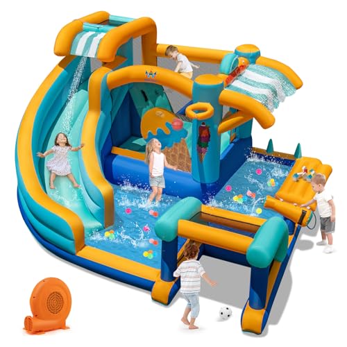 BOUNTECH Inflatable Water Slide, Kids Water Bounce House Jump Castle with Blower, Toy Market, Football Goal, Basketball Hoop, Blow up Water Slide Inflatables for Big Kids Outdoor Backyard Gifts