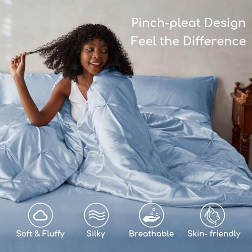 MR&HM Satin Comforter King 7 Pieces - Luxurious Pinch Pleat Bedding Set with Comforter, Flat Sheet, Fitted Sheet, Pillowcases & Shams, Super Silky Soft Bed Set for All Season (King, Blue Haze)