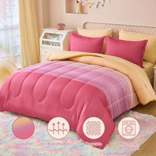 Image of Dinjoy Girls Comforter Set Twin Size 5 Pieces Bed in A Bag Colorful Ombre Pink Yellow Rainbow Bedding Set for Kids Teen (1 Comforter, 1 Flat Sheet, 1 Fitted Sheet, 1 Pillow sham, 1 Pillowcases)