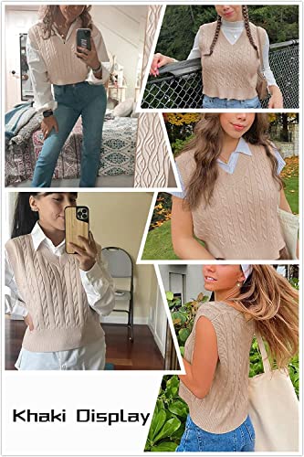 Women's V Neck Sweater Vest Sleeveless Argyle Plaid Preppy Style Solid Color Crop Knit Vest3