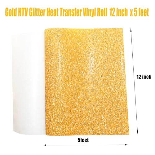 Image of Gold Glitter Heat Transfer Vinyl Rolls Gold Iron HTV Vinyl Glitter HTV 12Inch x 5Feet Iron on Vinyl for Cricut, T-Shirts DIY Design Easy to Cut and Weed, Silhouette Cameo & Heat Press Machine