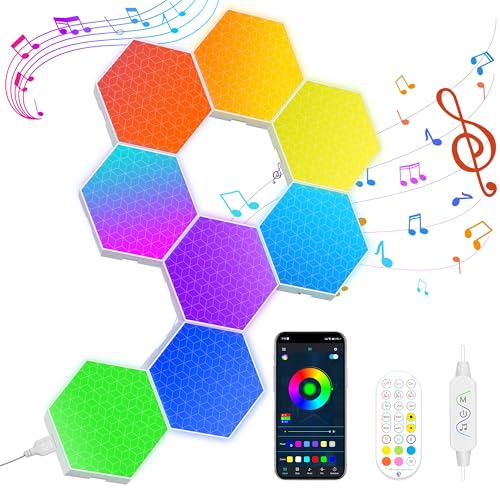 KORORO Hexagon LED Lights - 8 Pack Smart APP RGB Gaming Lights with Remote Control & Music Sync Honeycomb Shape Hex Lights for Bedroom, Living Room Wall, Gaming Decor