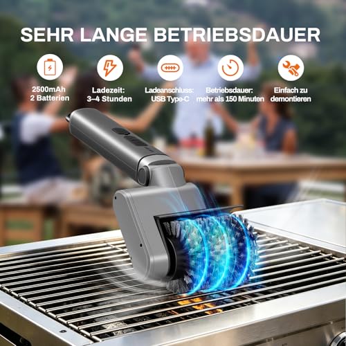 Hiwoor Elektrische Grillbürste, 3 in1 Kabelloser BBQ-Reiniger – 3 Wechselbare Köpfe, Spülmaschinenfest, 3 Gänge, Verstellbarer Winkel, 150 Min Laufzeit, Hitzebeständige für Grillroste (Hellgrau)