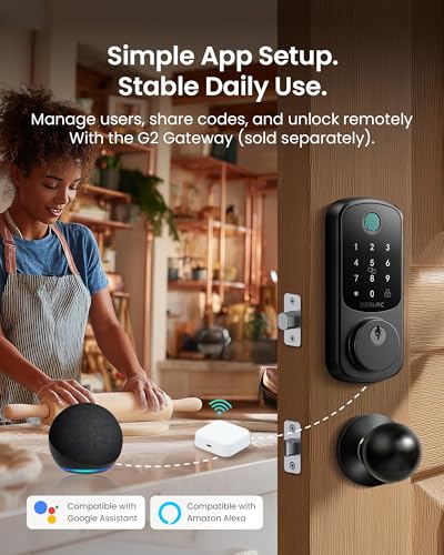 Image of DESLOC B200 Fingerprint Smart Lock with 2 Knobs, Keyless Entry Front Door Lock Set, Electronic Keypad Deadbolt, App Control, Auto Lock, Long Battery Life,Matte Black | Front and Exterior Door, Fingerprint and Voice Unlock, Touchscreen with Backlit, App Control, Auto Lock, Anti-Peep, IP54