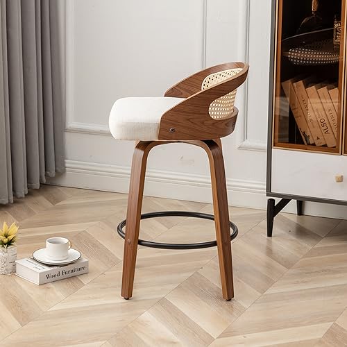 Image of 30 inch Swivel Rattan Bar Stools Set of 2,Mid-Century Modern Beige Linen Fabric Upholstered Counter Height Stools,Kitchen Island Barstools with Rattan Low Backrest,Walnut Wood Finish Bar Chair
