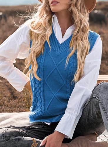 Image of EVALESS Oversized Sweater Vest for Women V Neck Sleeveless Cable Knit Tops