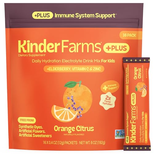 Image of KinderFarms Kids Immunity Supplement Electrolyte Powder - Drink Mix Packets with Vitamin C (Orange Citrus, 16 Count), No Artificial Dyes, Sweeteners or Flavors - Vegan, Non-GMO, Gluten-Free, FSA-HSA