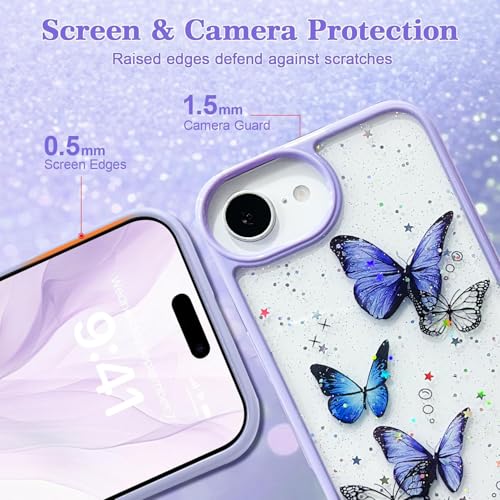 Image of VONZEE for iPhone 17e Clear Glitter Butterfly Case, Cute Bling Sparkle Shiny Soft TPU Bumper Shockproof Women Girls Slim Protective Phone Cover for iPhone 17e 6.1 inch,Purple