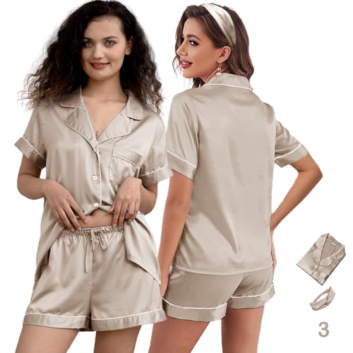 Image of 3Pcs Silk Pajamas XS-4XL Womens Satin Pajama Short Floral Sleepwear Bride Soft Pj Lounge Sets Pjs Shorts Set