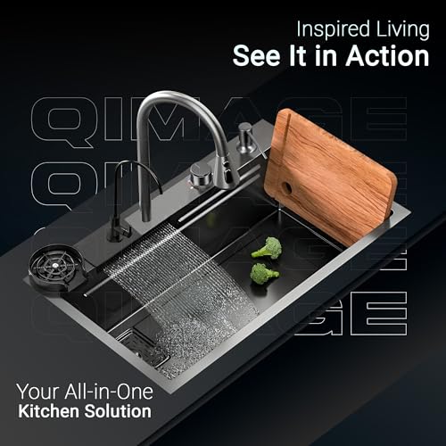 Image of INKSPOT Qimage Kitchen Sink With Anti Scratch Honeycomb Design Integrated Waterfall & Pull-Down Faucet Set /304 Grade Stainless Steel Sink With Cup Washer & Drain Baskets (30X18X9 Inch, Nano Coating)