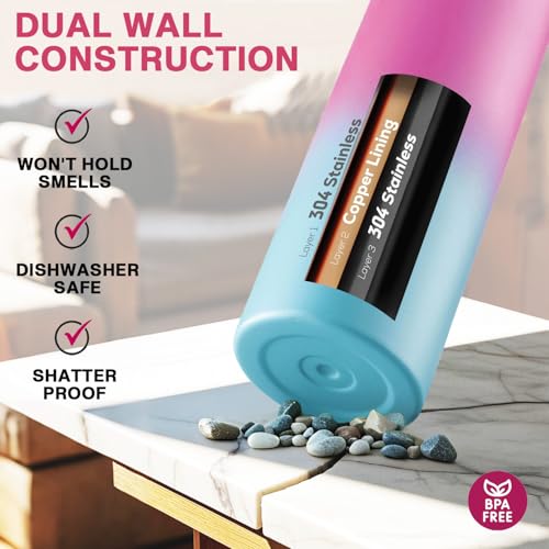 GARUET 950 ml Dreifach isolierte Wasserflasche mit Strohhalm - Edelstahl Metallflasche mit 3 auslaufsicheren Deckeln - Für Reisen, Schule, Sport, Fitness/Männer, Frauen & Kinder (Pacific Blue Rose