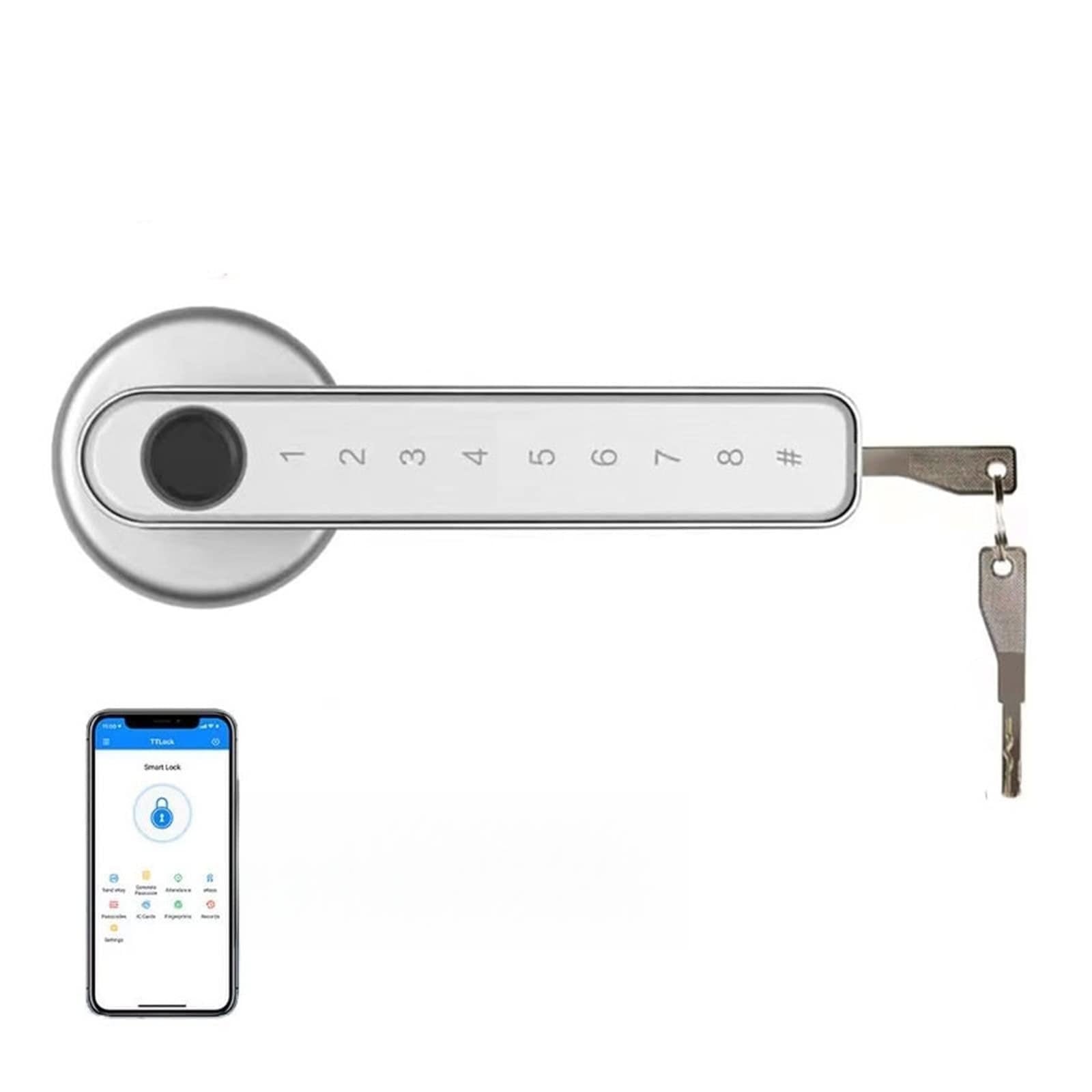 CVFRDD Smart Door Knob, TTlock Tuya Smart Home Fingerprint Electronic Door Lock Password APP Mechanical Key Security Biometric Handle Keyless Entry Door Handle(Silver TTLock)