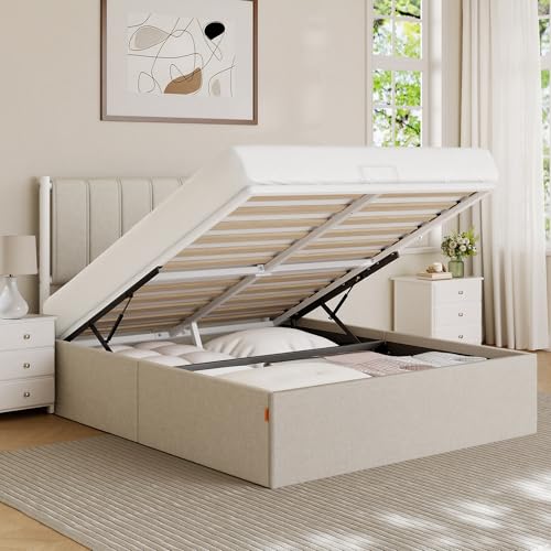 Image of VASAGLE Lift Up Storage Bed Frame, Full Size, Upholstered Headboard