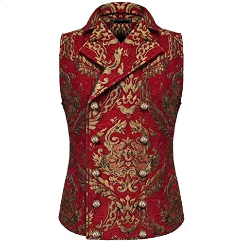 Darkrock Handmade Victorian Steampunk Edwardian Western Cavalier Waistcoat Vest Brocade Red/Gold Gothic Men's Vest