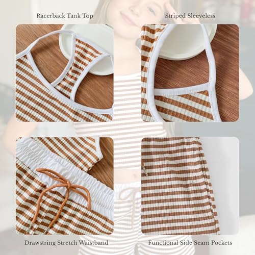 Image of Size 7-14Y Girls Clothes 2 Piece Outfits Striped Tank Top Drawstring Shorts Teen Girls Summer Clothing Sets