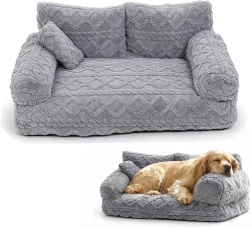 kumosaka Plush Calming Pet Sofa Bed, Large Fluffy Dog Cat Bed Pet Couch Beds Plush with Removable Cover, Non- Slip Bottom, Raised Rim, Soft Washable(Gris, XXL)