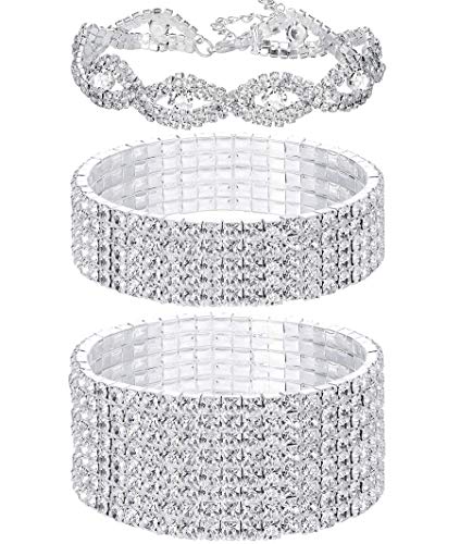 FIBO STEEL 3 PCS Rhinestone Stretch Bracelets for Women Bridal Sparkly Wedding Strand Tennis Bracelet Set Silver-Tone
