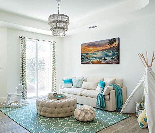 Ardemy Summer Palm Tree Canvas Wall Art Beach Sunset Seawave Tropical Picture Blue Ocean, Seascape Painting Large Framed Panoramic Landscape For Bathroom Living Room Bedroom Home Office Decor, 48"X24" #TOP5