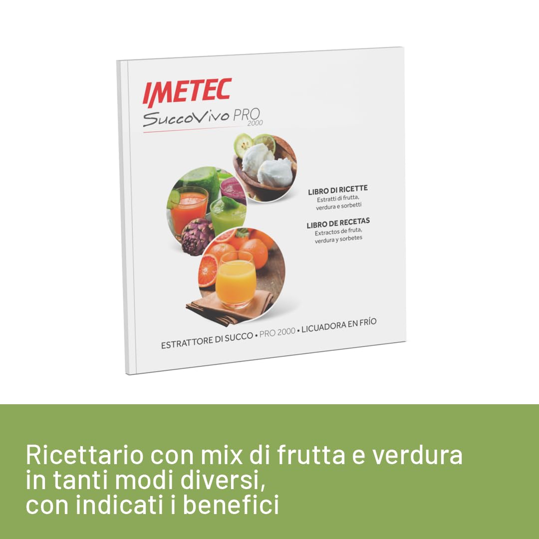 Imetec Succovivo Pro 2000, Estrattore di Succo, Spremitura a Freddo 48 Giri/Min, 100% Vitamine, Filtro per Succhi, Filtro Succhi con Fibre, Cestello per Sorbetti, Ricettario