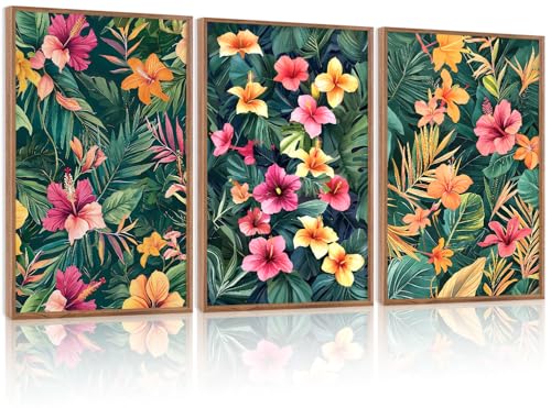 HOURIA 3Pcs Framed Abstract Botanical Floral Canvas Wall Art Set (16"x24"), Colorful Summer Tropical Hibiscus Flower Wall Decor, Mid Century Modern Green Plant Art Print for Office Living Room Bedroom