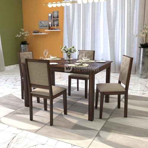 Image of DRIFTINGWOOD Izabel Dining Table 4 Seater | Four Seater Dinning Table with 4 Chairs with Beige Cushions for Home | Rosewood, Walnut Finish, Self Assembly(DIY)