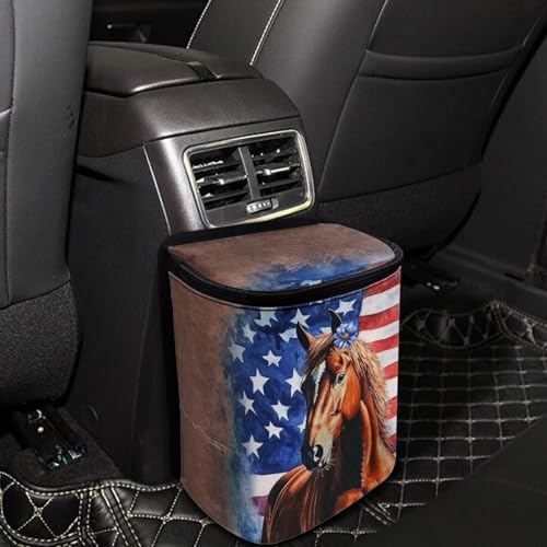 Image of Talayituse Horse Daisy American Flag Print Car Trash Can with Adjustable Straps, Zip Closure Car Trash Bag Bin Auto Garbage Bag Multipurpose Storage Box for Vehicle Travel Camping Picnicing