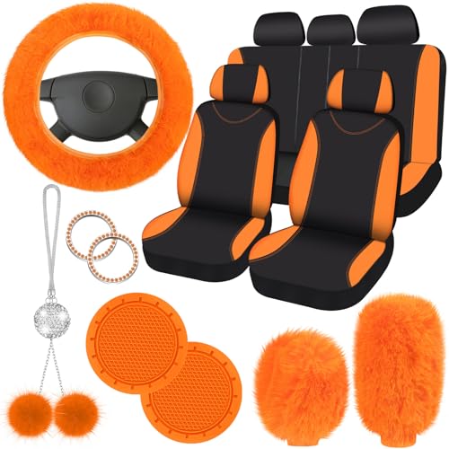 Fulmoon 17 Pcs Car Seat Cover Full Set for Women Universal Fit Car Front Rear Fluffy Steering Wheel Fleece Handbrake Shift Covers Hanging Accessory Holder Ring Emblem(Orange)