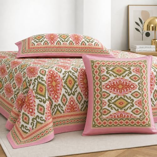 Image of elanorhomes Cotton Double King Size Bedsheet | Hand Printed | Ultra-Soft & Skin-Safe | Breathable Summer Comfort | 90x108 inches with 2 Pillow Covers (Rangrez Ikkat)