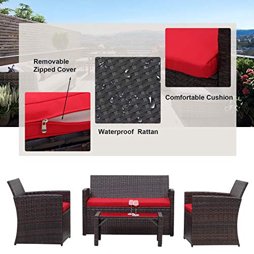 Saemoza Patio Furniture Set, 4 Piece Outdoor Wicker Rattan Patio Furniture With Tempered Glass Tabletop, Brown Wicker| Red Cushions For Outdoor Garden #TOP1