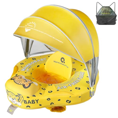 Mambobaby Float with Canopy and Tail, Baby Pool Float New Upgraded Non-Inflatable Infant Swim Mambo Float, Skin-Friendly for Newborn UPF 50+ Sun Protection, Sunshine Yellow